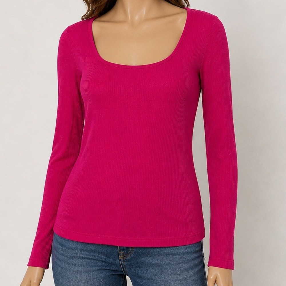 A New Day Womens Top Magenta Pink Ribbed Square Neck Long Sleeve XL